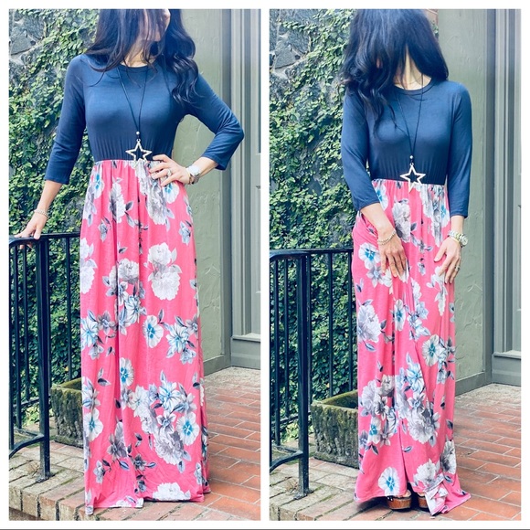✨LAST ONE✨CHARCOAL FLORAL SIDE POCKETS MAXI DRESS - Picture 6 of 13